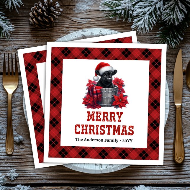 Guardanapos de Natal xadrez vermelho e preto de va (Elegant highland cow red black plaid Xmas napkin)