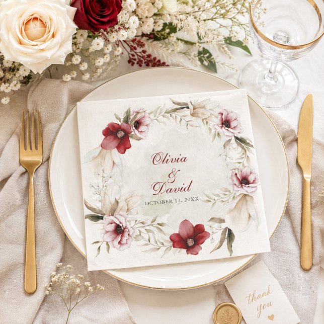 Guardanapos de papel para casamento com coroa flor (Burgundy Ivory Floral Wreath Wedding Paper Napkins)