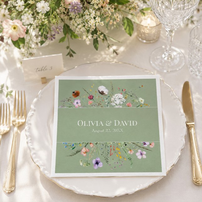 Guardanapos de papel para casamento com flores sil (Sage Green Wildflower Wedding Paper Napkins)