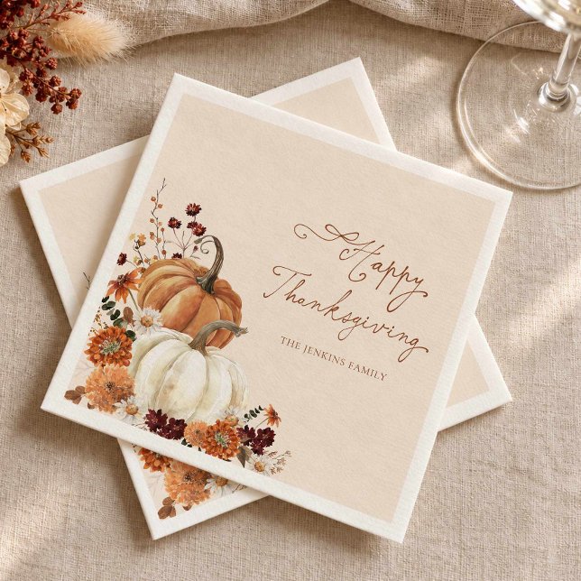 Guardanapos de papel rústicos de Ação de Graças Fl (Happy Thanksgiving Pumpkins and Fall Florals Paper Napkins)