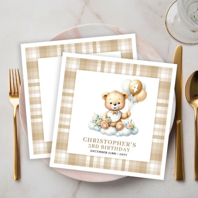 Guardanapos Dourados de Urso de Pelúcia para Anive (Adorable 4th Birthday Teddy Bear Gold Napkins)