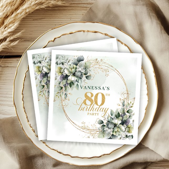 Guardanapos Dusty Green Boho Eucalipto para 80º an (Elegant Dusty Green Gold Eucalyptus 80th Birthday Napkins)