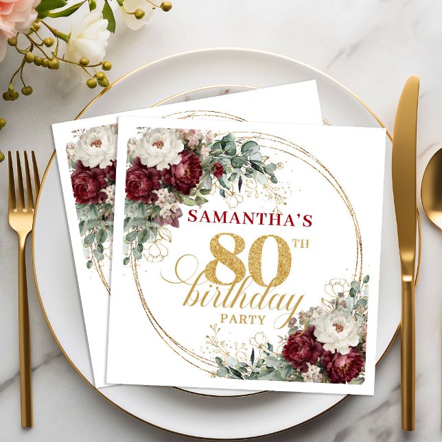 Guardanapos Elegantes Boho Marsala Floral para 80º (Elegant Boho Marsala Floral 80th Birthday Napkins)