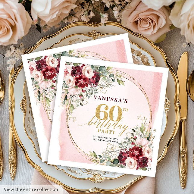Guardanapos Elegantes para 60º Aniversário com Flo (Stylish Boho Deep Red Floral 60th Birthday Napkins)