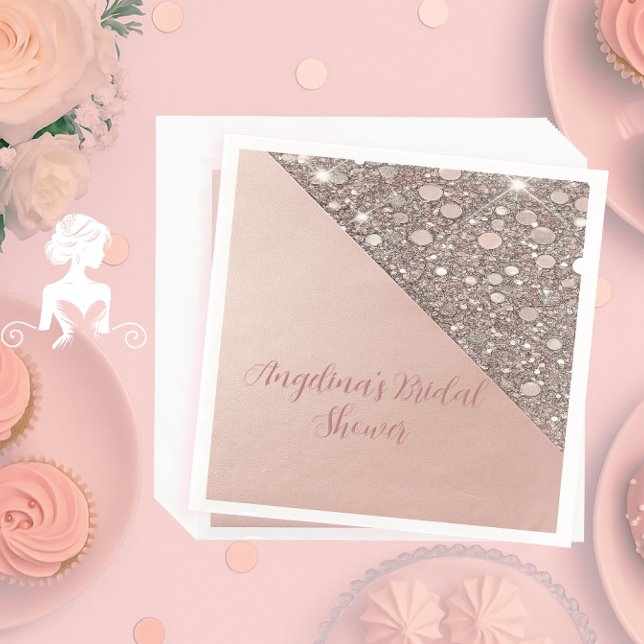 Guardanapos Elegantes Rosa Dourado para Chá de Noi (Elegant rose gold bridal shower napkin with foil, glitter accents, and custom name and event text.)