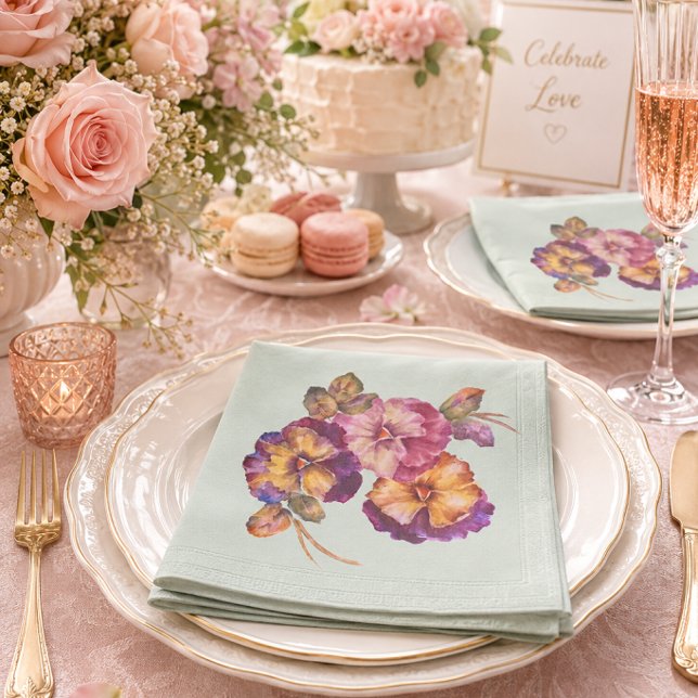 Guardanapos Florais de Aquarela Amor-Perfeito | Ja (Pretty pansy pattern napkins for garden parties, tea tables, bridal showers and spring celebrations.)