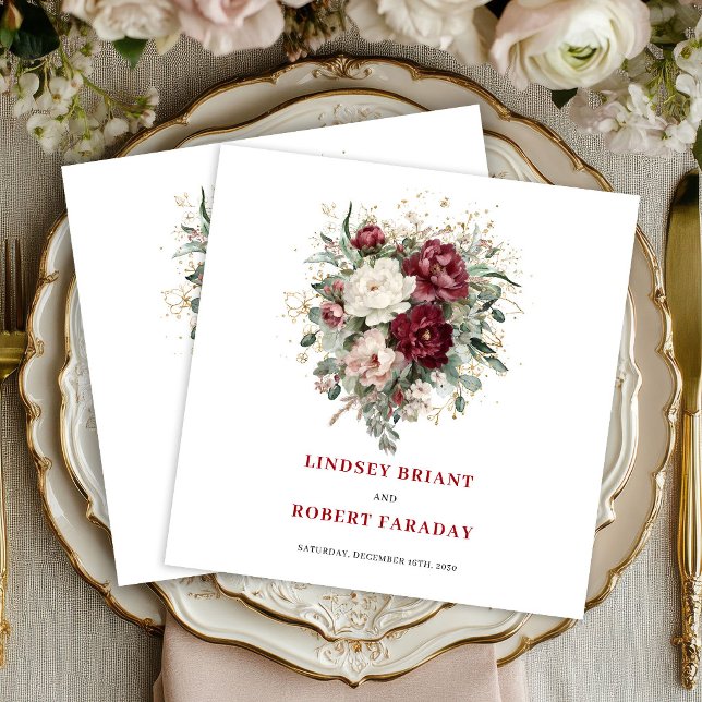 Guardanapos Florais de Eucalipto Dourado Vermelho  (Stylish Deep Red Floral Eucalyptus Gold Napkins)