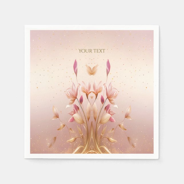 Guardanapos Florais Folhas Douradas Rosa (Frente)