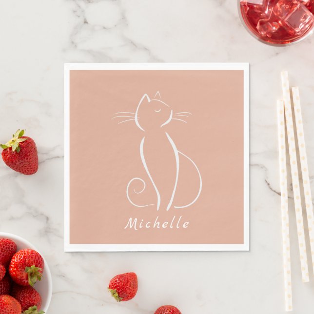 Guardanapos Minimalistas com Gato Branco no Rosa A (Insitu)