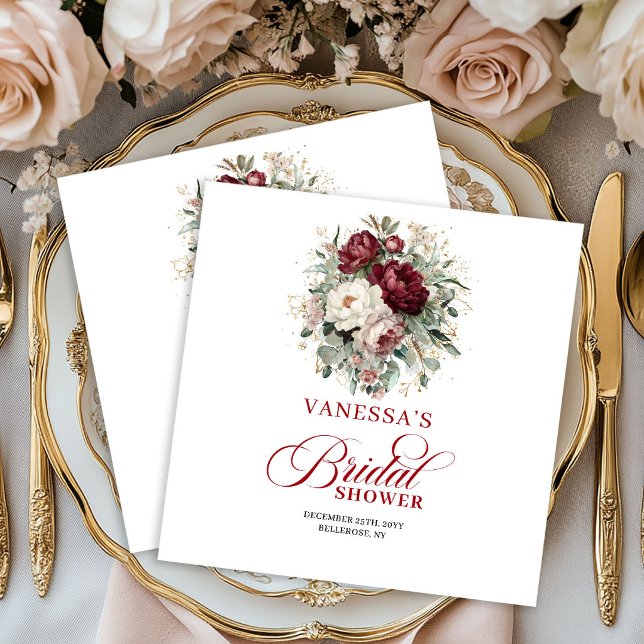 Guardanapos Opulentos Marrom para Chuveiro de Noiv (Opulent Maroon Floral Gold Bridal Shower Napkins)