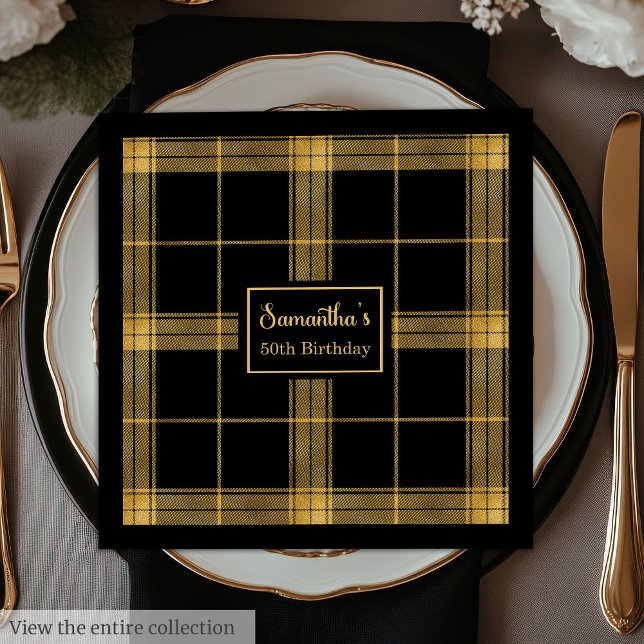 Guardanapos para 50º Aniversário Preto Dourado Nom (50th Birthday Napkins Black Gold Custom Name )