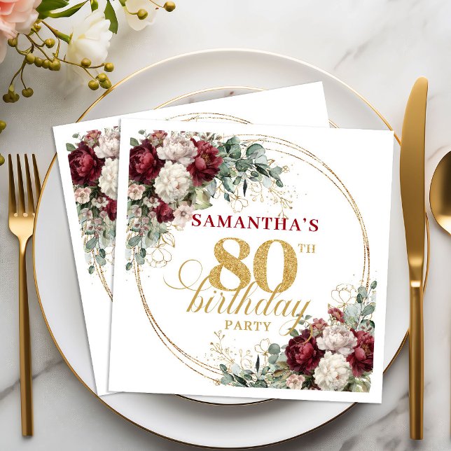 Guardanapos para 80º Aniversário Boho Marrom Flora (Boho Maroon Floral Gold 80th Birthday Napkins)