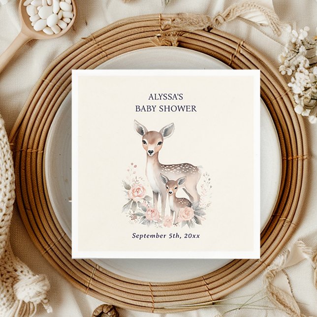 Guardanapos para Chá de Bebê de Menina, Cerveja, B (Cute deer baby shower paper napkin, personalized with the name of the mother-to-be.)