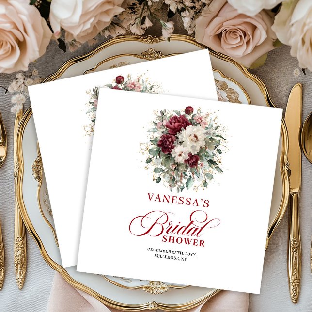 Guardanapos para Chá de Bebê Românticos Burgundy F (Romantic Burgundy Floral Bridal Shower Napkins)
