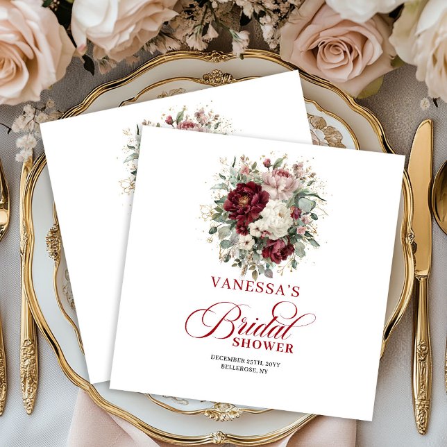 Guardanapos para Chá de Noiva Chic Marsala Floral  (Chic Marsala Floral Gold Bridal Shower Napkins)