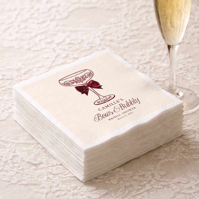Guardanapos para Chá de Noiva com Arcos Vermelhos  (Red Bows and Bubbly Bridal Shower Napkin)