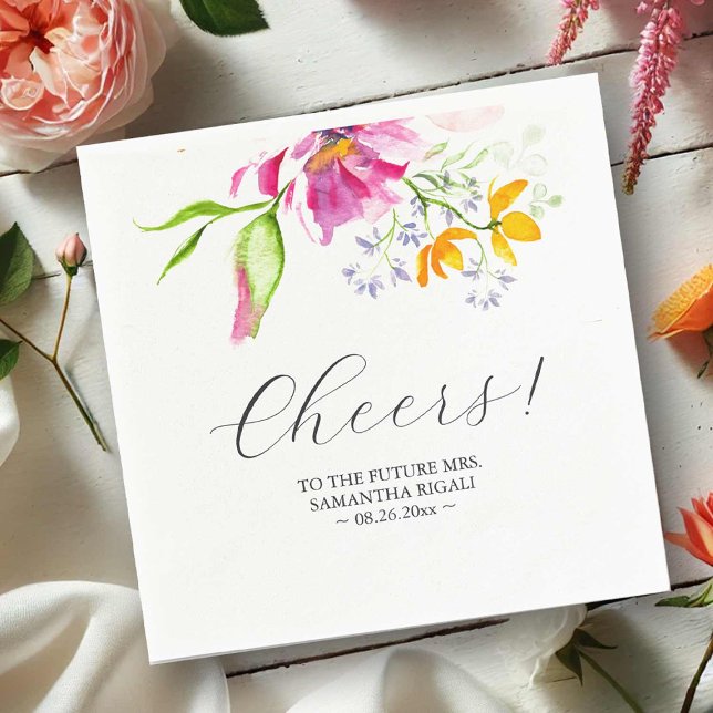 Guardanapos para Chá de Noiva Flores de Aquarela R (Bridal shower napkins. Pink and orange watercolor flowers by Victoria Grigaliunas Do Tell A Belle)