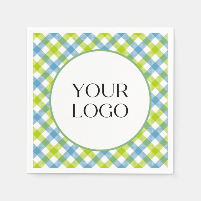 Guardanapos Pastel Gingham Seu Logotipo Aqui Azul  (Frente)