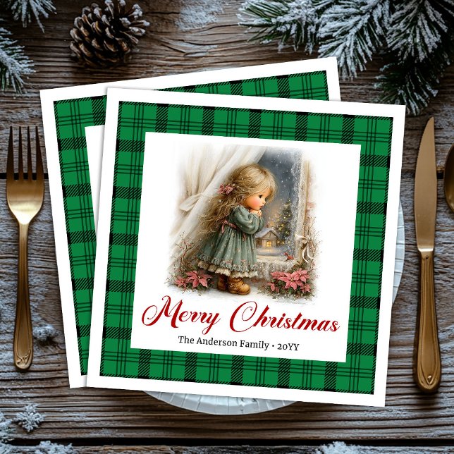 Guardanapos Personalizados Cena Clássica de Natal  (Classic Red Green Christmas Scene Custom Napkins)