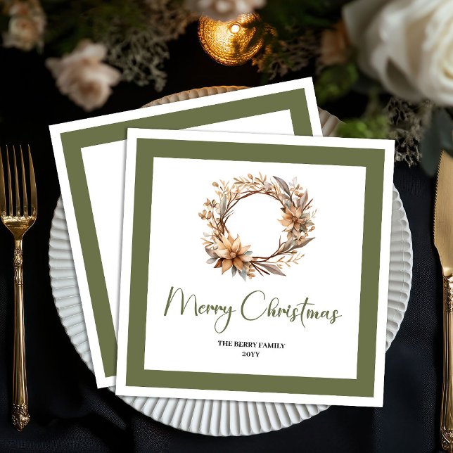 Guardanapos Personalizados com Coroa de Natal Calm (Calm Earthy Christmas Wreath Personalized Napkins)