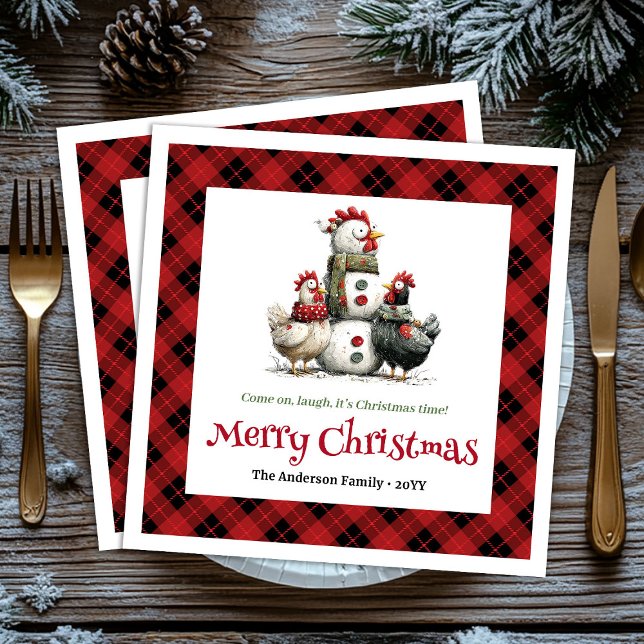 Guardanapos personalizados de Natal com galinhas e (Quirky Christmas chickens napkins personalized set)