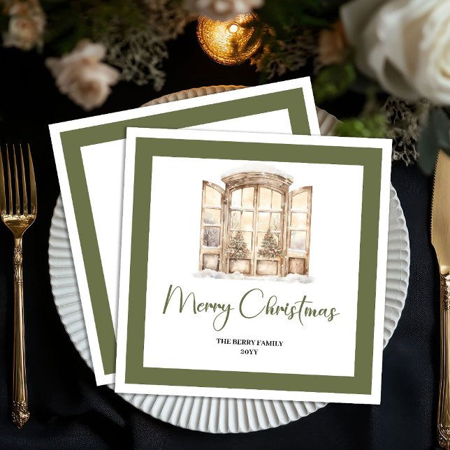 Guardanapos Personalizados de Natal com Porta Verd (Earthy Green Christmas Door Personalized Napkins)