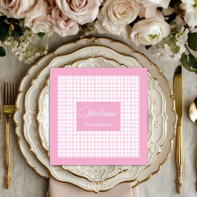 Guardanapos Rosa Claro Personalizados Conjunto de  (Personalized Light Pink Napkins Classic Plaid Set)