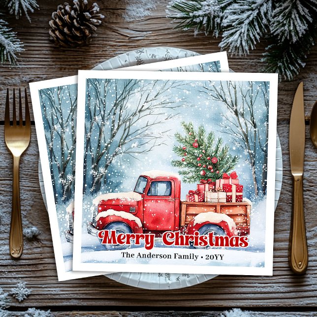 Guardanapos rústicos cena de Natal de caminhão ver (Classic red truck Christmas scene rustic napkins set)