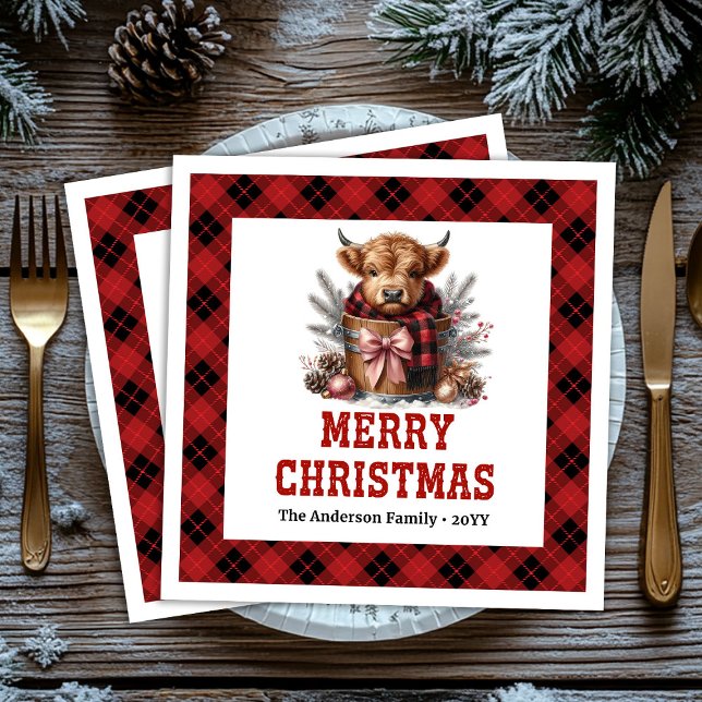 Guardanapos rústicos de férias de vaca das terras  (Rustic highland cow holiday napkins buffalo plaid festive

)