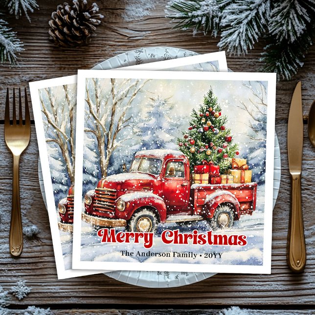 Guardanapos rústicos de Natal com cena de caminhão (Minimal red truck Christmas scene rustic napkins)
