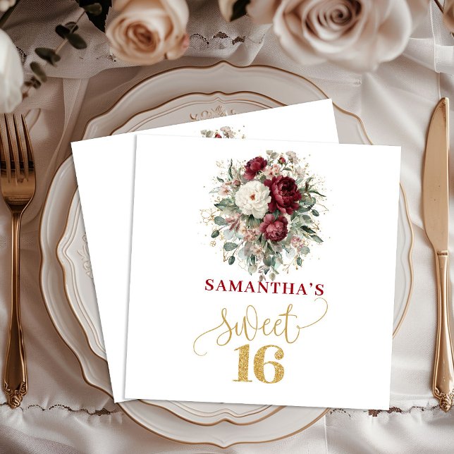 Guardanapos Suave Doçura 16 Rosado Borgonha Eucali (Soft Sweet 16 Blush Burgundy Eucalyptus Napkins)