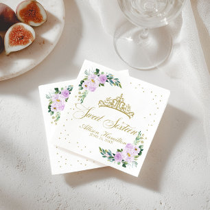 Guardanapos Sweet 16 Tiara Dourada Floral Lavanda
