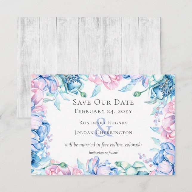 Guardar a Data Cartão Floral Aquarela e Madeira Rú (Frente/Verso)