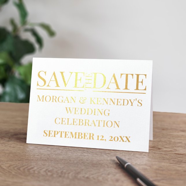 Guardar Simples O Cartão De Folha De Celebração De (A gold foil Save the Date folded card with space for your wedding details. Congratulations!)