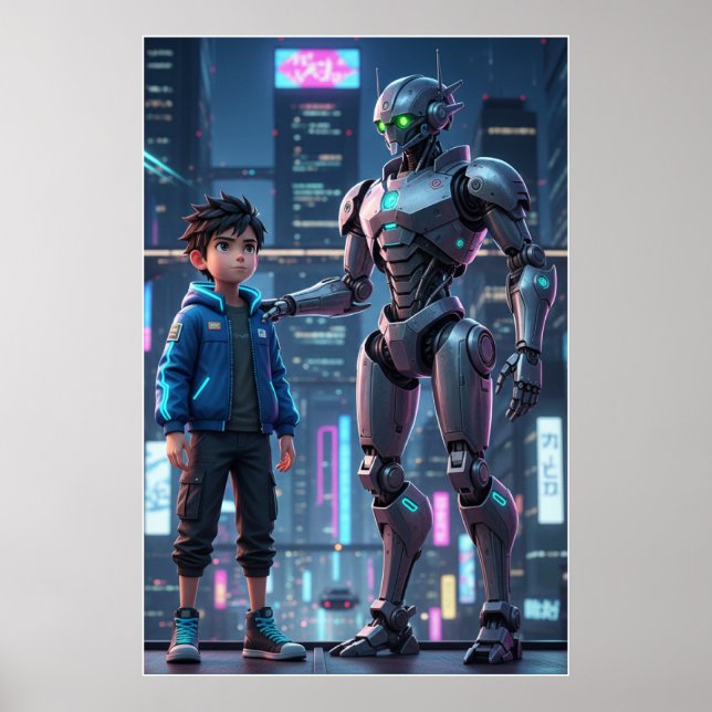 Guardião Cibernético | Poster de Arte de Robô e Cr (Frente)