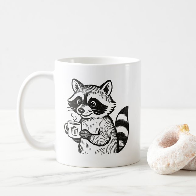 Guaxinim Segurando Xícara de Café Caneca Engraçada (Com Donut)