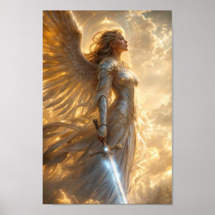Guerreiro Anjo Radiante em Pôster de Luz Dourada