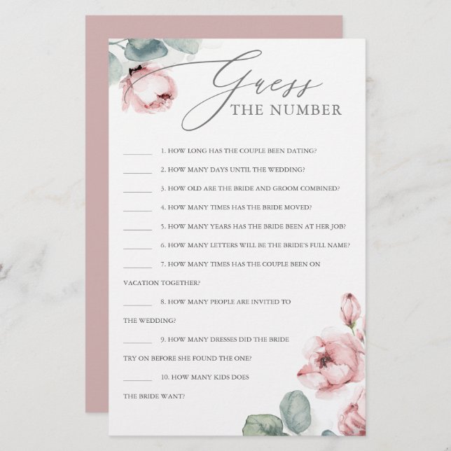 Guess The Number Dusty Rose Bridal Shower Game (Frente/Verso)