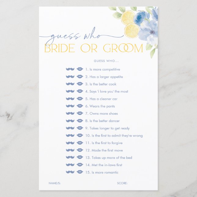 Guess who Bride or Groom Citrus Bridal Shower Game (Frente)