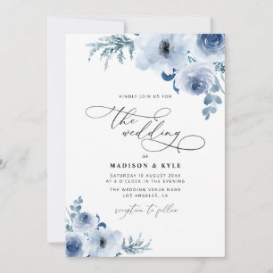 guião moderno convite de casamento floral azul emp