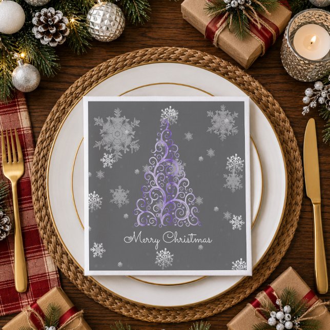 Guirlanda de Natal Roxa e Guardanapos de Papel com (Purple Christmas Tree and Snowflakes Paper Napkins)