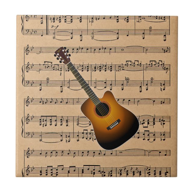 Guitarra Acústica Com Fundo De Música Em Folha (Frente)