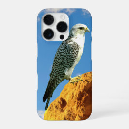 Gyfalcon empoleirado numa capa de telefone rock