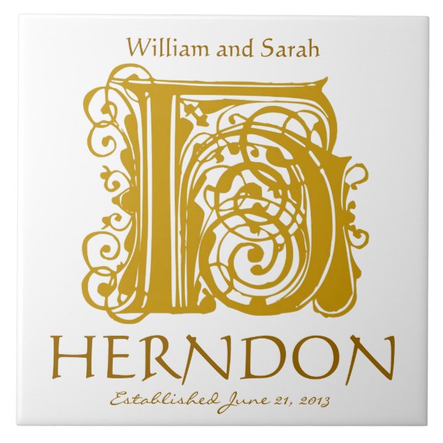 H Monograma Dourado em Branco - Nomes Azulejo de D (Frente)