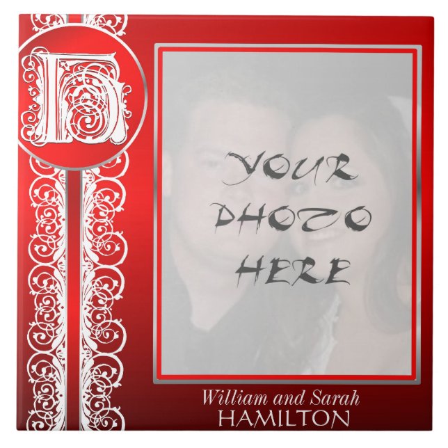 H Monograma "White Lace on Red" com Photo - Azulej (Frente)