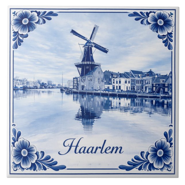 Haarlem windmill Delft Blue style ceramic tile (Frente)
