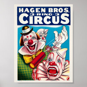 Hagen Bros. Poster vintage Palhaço EUA Restaurado