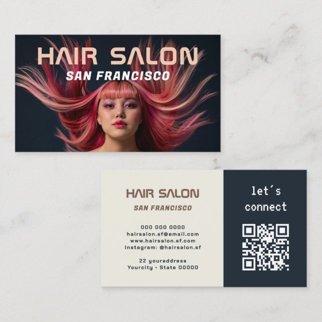 Hair Salon Photo QR Code Cartão de visita (Frente/Verso)