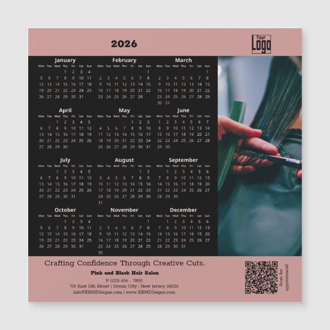 Hair Salon Pink Black 2026 Calendar Magnet (Frente)