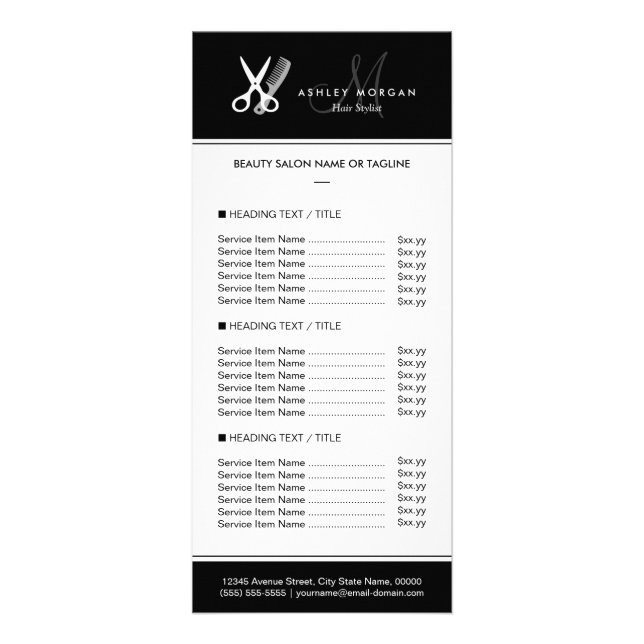 Hair Stylist Salon Modern Black Price Menu (Frente)